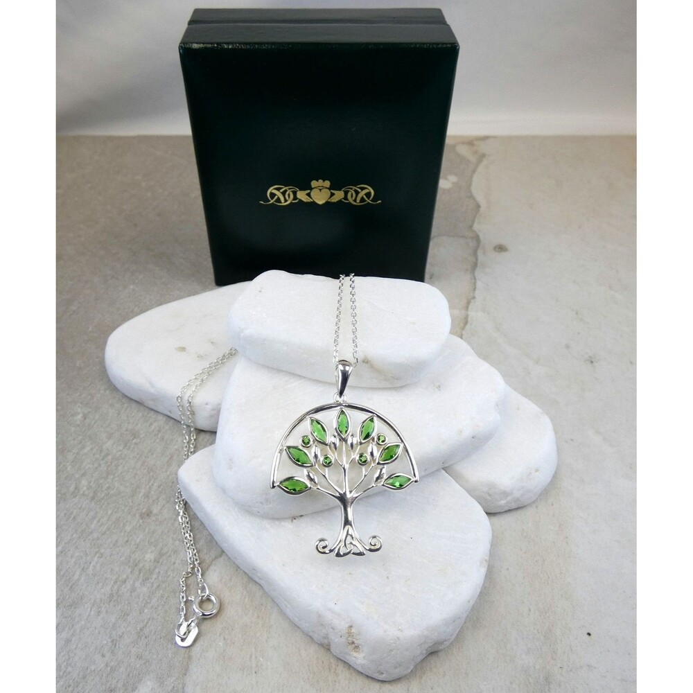 Made in Ireland 925 Green Stones Celtic Knot Tree of Life Pendant 18” NIB